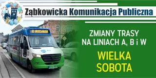 grafika prezentująca autobus Ząbkowickiej Komunikacji Publicznej z informacją o zmianach na liniach A, B i W