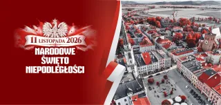 grafika w kolorystyce biało-czerwonej z panoramą Ząbkowic Śląskich