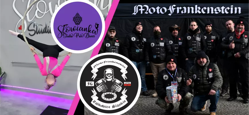 grafika przedstawiająca członków Klubu Motocyklowego oraz dziewczynkę ćwiczącą pole dance 