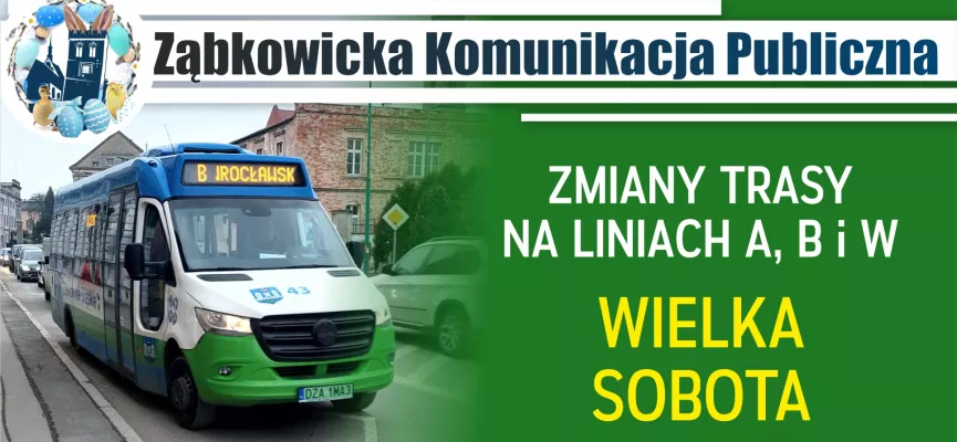 grafika prezentująca autobus Ząbkowickiej Komunikacji Publicznej z informacją o zmianach na liniach A, B i W